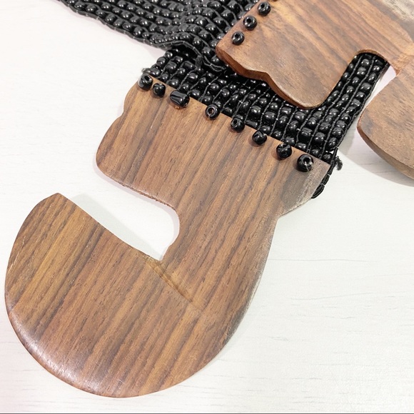Black Boho Beaded Stretch Belt with Wood Clasp - Picture 4 of 6